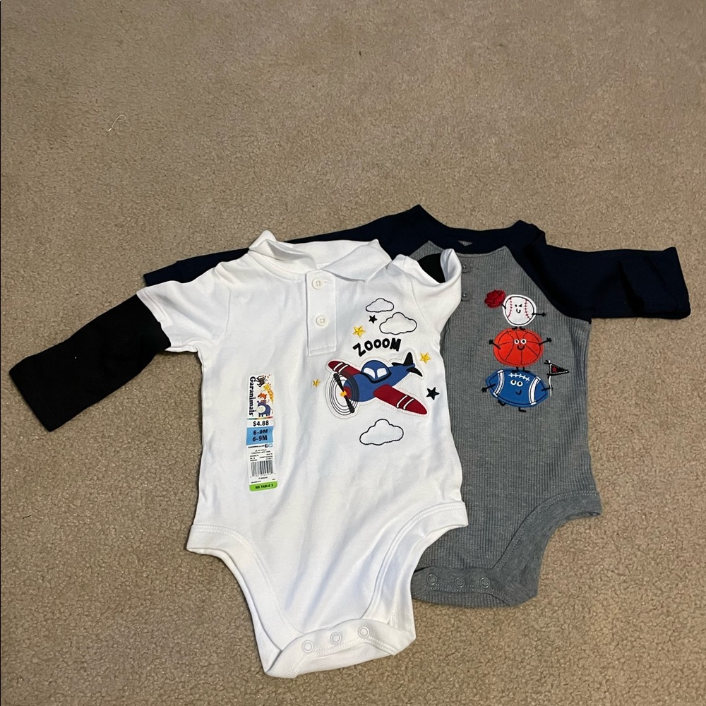 2 garanimal long sleeved onesies, 6-9mo
